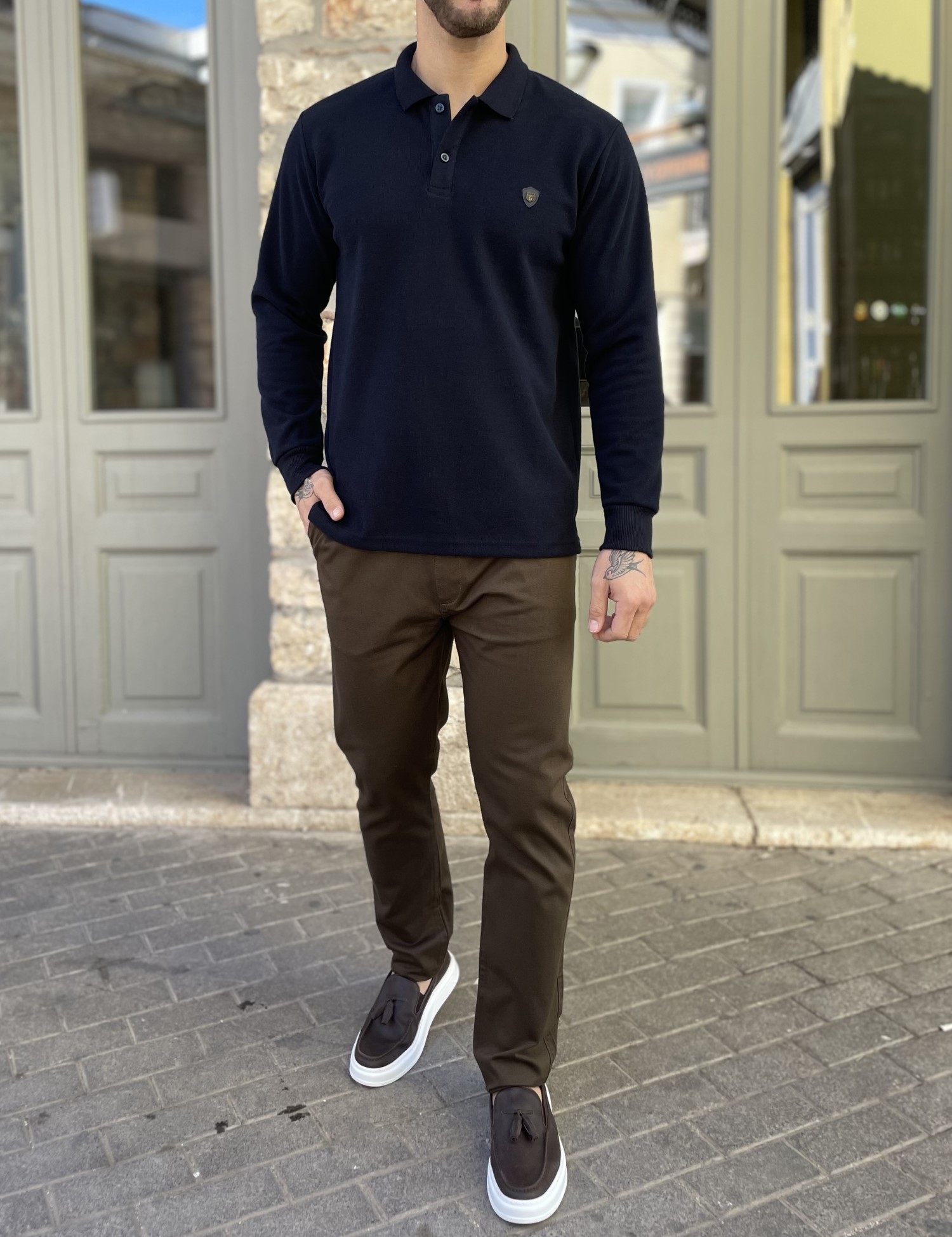 Everbest Ανδρική μπλε navy Polo μακρυμάνικη μπλούζα Plus size 261032N φωτογραφία